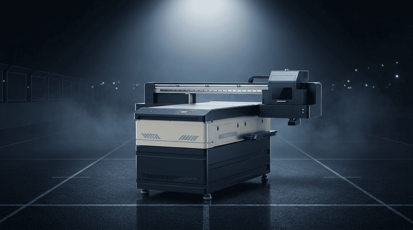 Mecolour A253 — Flatbed UV 60×90 em operação