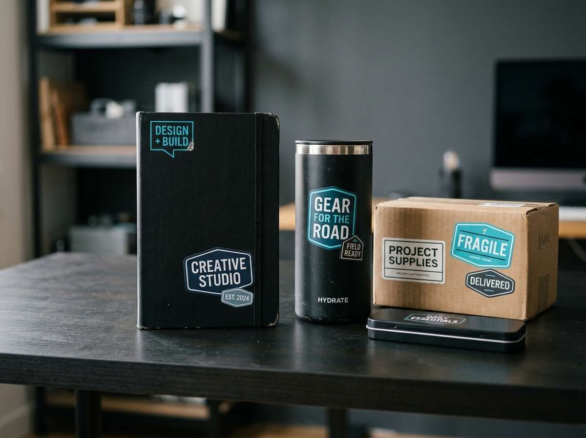 Materiais promocionais e adesivos aplicados