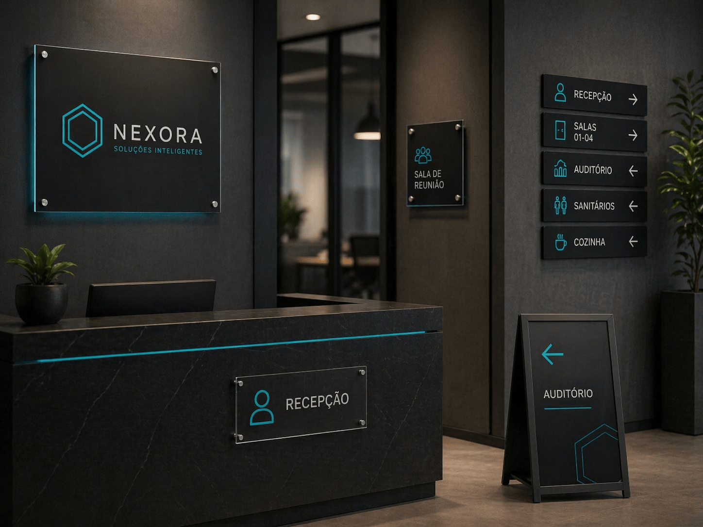 Placas e sinalização em ambiente corporativo